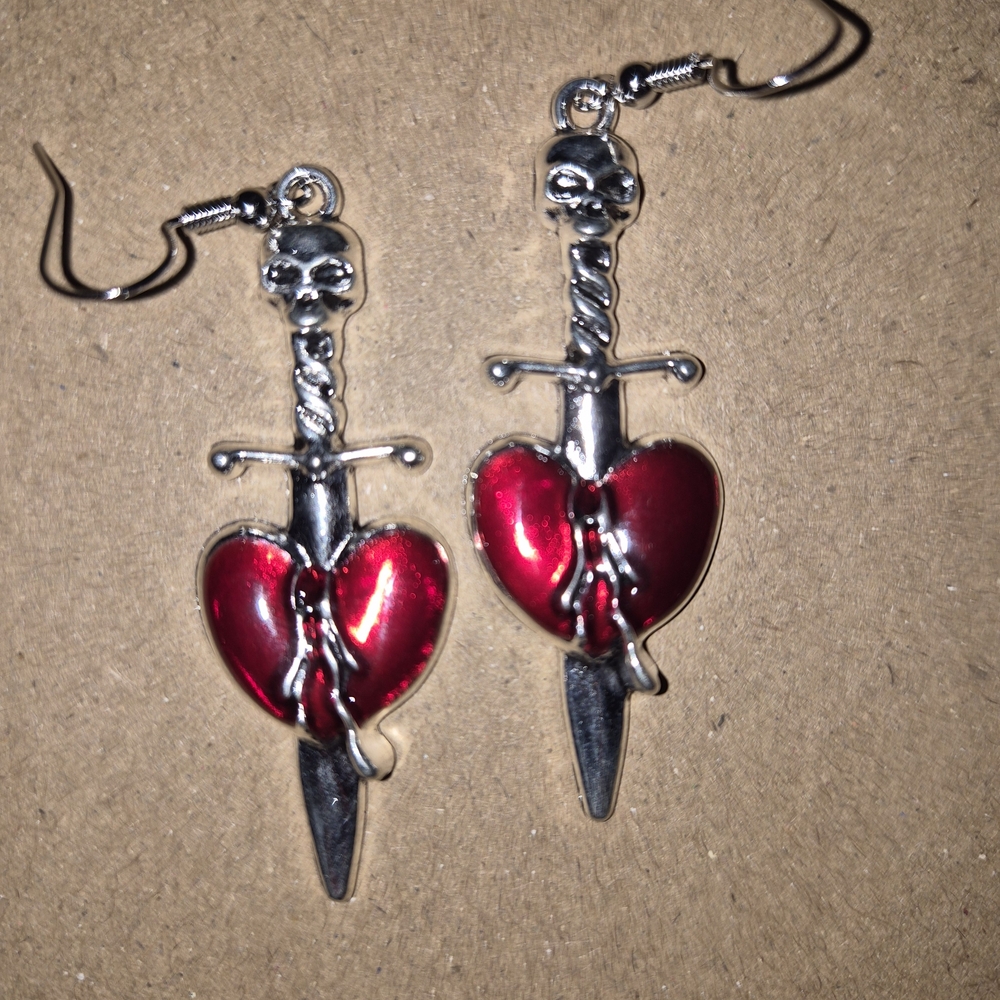 Silver and Red Heart Dagger Earrings